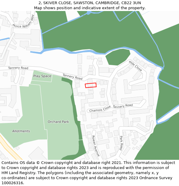 2, SKIVER CLOSE, SAWSTON, CAMBRIDGE, CB22 3UN: Location map and indicative extent of plot