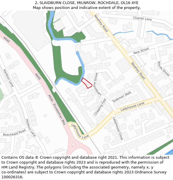 2, SLAIDBURN CLOSE, MILNROW, ROCHDALE, OL16 4YE: Location map and indicative extent of plot