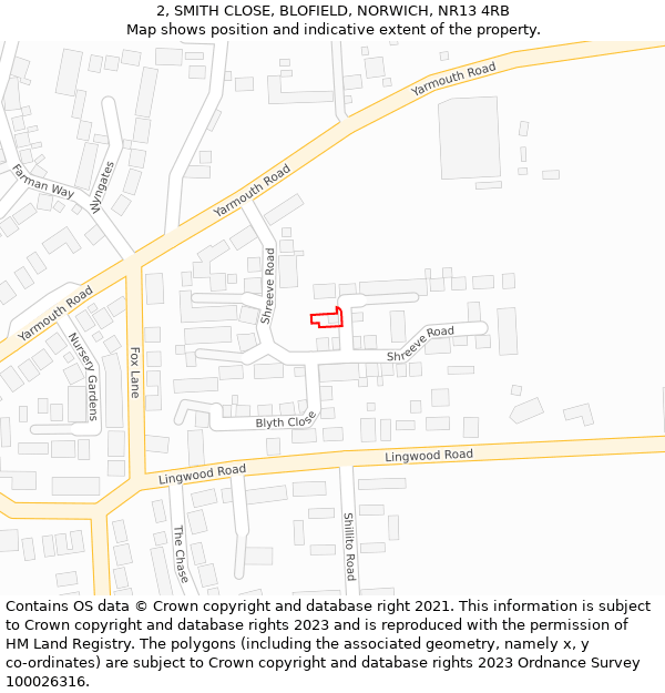 2, SMITH CLOSE, BLOFIELD, NORWICH, NR13 4RB: Location map and indicative extent of plot