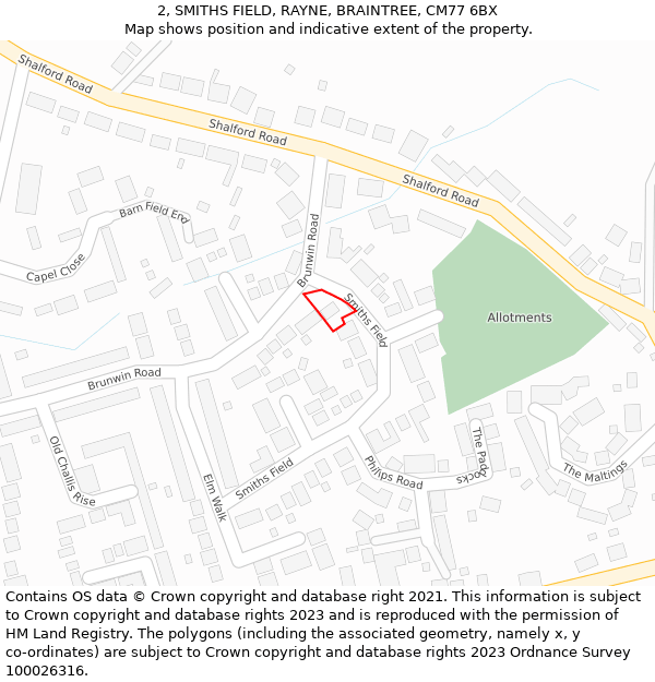 2, SMITHS FIELD, RAYNE, BRAINTREE, CM77 6BX: Location map and indicative extent of plot