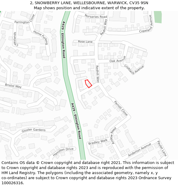 2, SNOWBERRY LANE, WELLESBOURNE, WARWICK, CV35 9SN: Location map and indicative extent of plot