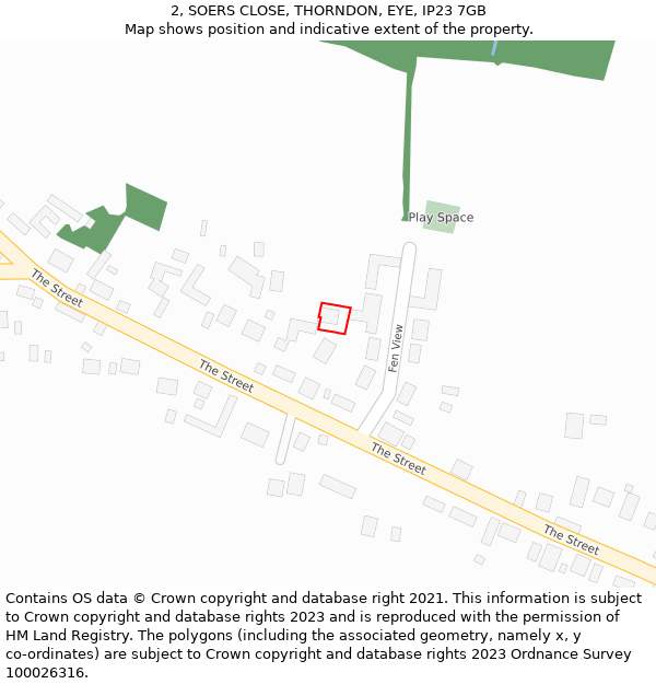 2, SOERS CLOSE, THORNDON, EYE, IP23 7GB: Location map and indicative extent of plot