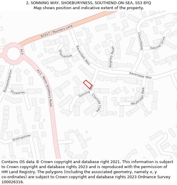 2, SONNING WAY, SHOEBURYNESS, SOUTHEND-ON-SEA, SS3 8YQ: Location map and indicative extent of plot