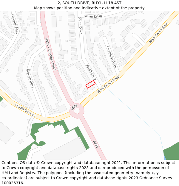 2, SOUTH DRIVE, RHYL, LL18 4ST: Location map and indicative extent of plot
