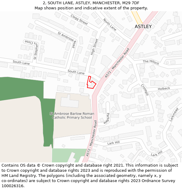 2, SOUTH LANE, ASTLEY, MANCHESTER, M29 7DF: Location map and indicative extent of plot