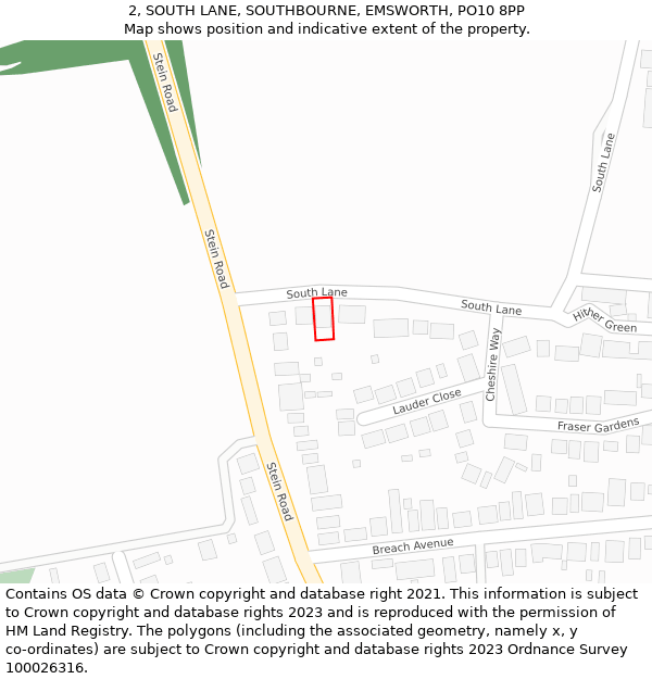 2, SOUTH LANE, SOUTHBOURNE, EMSWORTH, PO10 8PP: Location map and indicative extent of plot