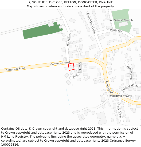2, SOUTHFIELD CLOSE, BELTON, DONCASTER, DN9 1NT: Location map and indicative extent of plot