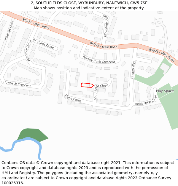 2, SOUTHFIELDS CLOSE, WYBUNBURY, NANTWICH, CW5 7SE: Location map and indicative extent of plot