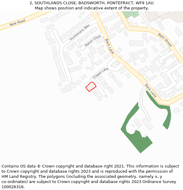 2, SOUTHLANDS CLOSE, BADSWORTH, PONTEFRACT, WF9 1AU: Location map and indicative extent of plot