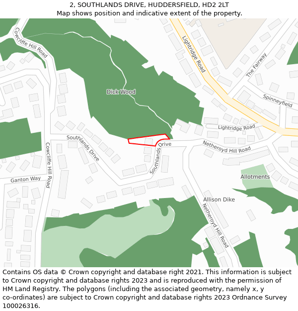 2, SOUTHLANDS DRIVE, HUDDERSFIELD, HD2 2LT: Location map and indicative extent of plot