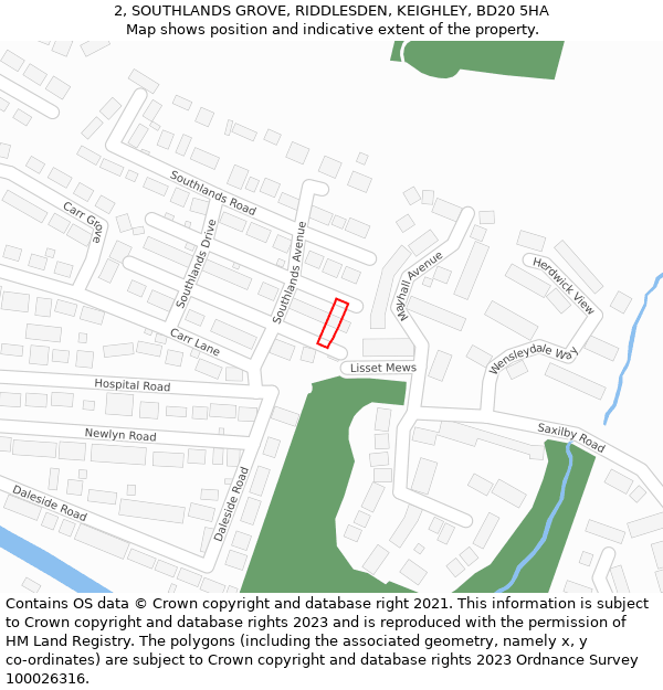 2, SOUTHLANDS GROVE, RIDDLESDEN, KEIGHLEY, BD20 5HA: Location map and indicative extent of plot