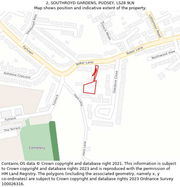2, SOUTHROYD GARDENS, PUDSEY, LS28 9LN: Location map and indicative extent of plot