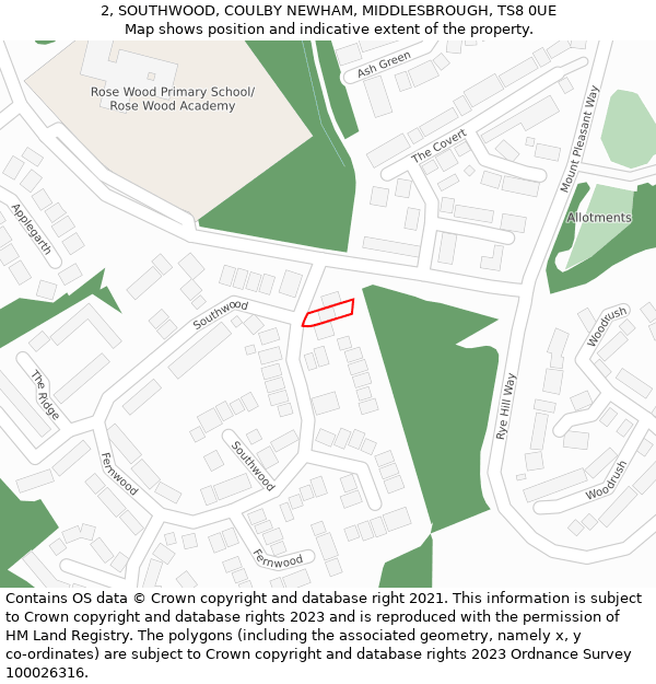 2, SOUTHWOOD, COULBY NEWHAM, MIDDLESBROUGH, TS8 0UE: Location map and indicative extent of plot
