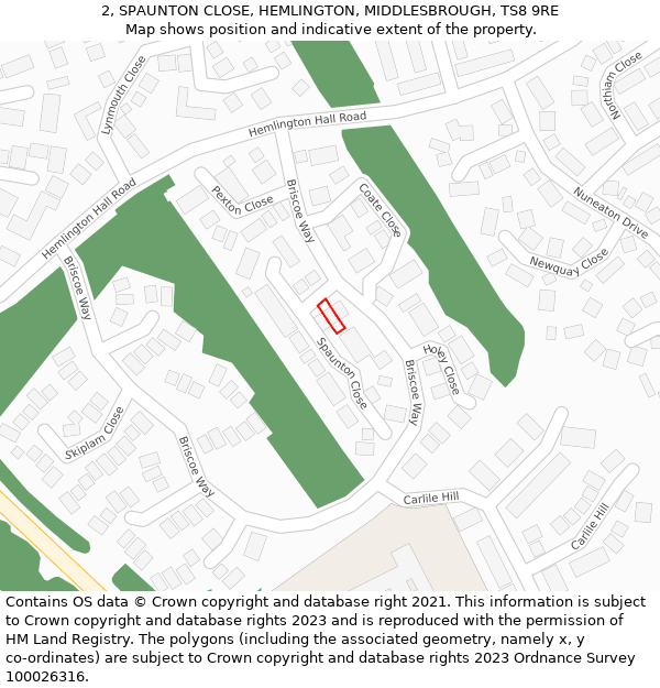 2, SPAUNTON CLOSE, HEMLINGTON, MIDDLESBROUGH, TS8 9RE: Location map and indicative extent of plot