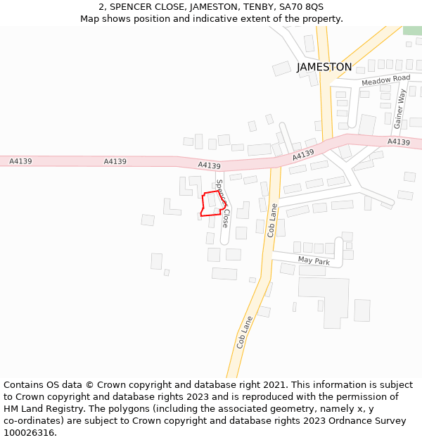 2, SPENCER CLOSE, JAMESTON, TENBY, SA70 8QS: Location map and indicative extent of plot