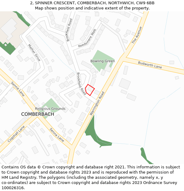 2, SPINNER CRESCENT, COMBERBACH, NORTHWICH, CW9 6BB: Location map and indicative extent of plot