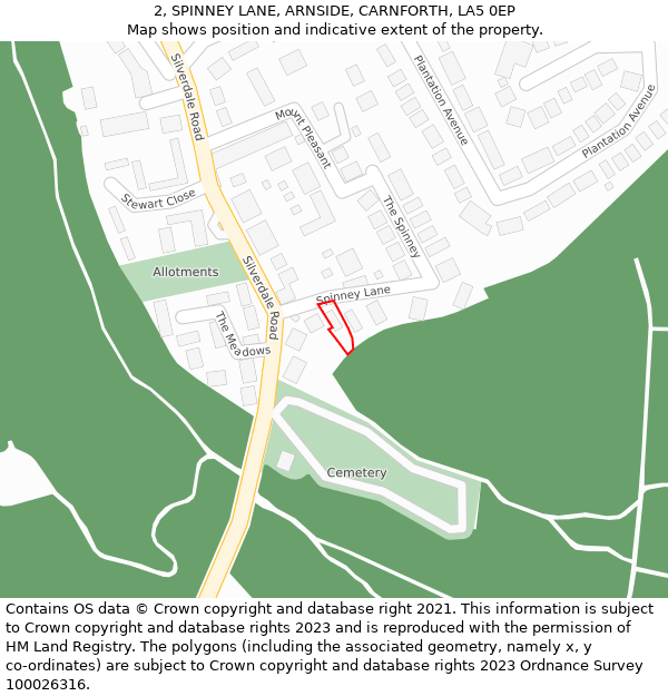 2, SPINNEY LANE, ARNSIDE, CARNFORTH, LA5 0EP: Location map and indicative extent of plot