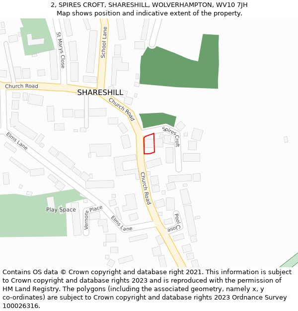 2, SPIRES CROFT, SHARESHILL, WOLVERHAMPTON, WV10 7JH: Location map and indicative extent of plot
