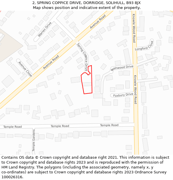 2, SPRING COPPICE DRIVE, DORRIDGE, SOLIHULL, B93 8JX: Location map and indicative extent of plot