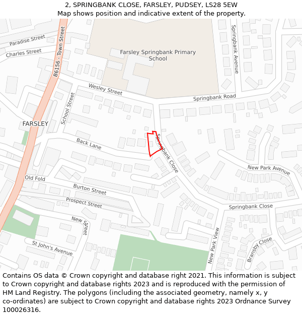 2, SPRINGBANK CLOSE, FARSLEY, PUDSEY, LS28 5EW: Location map and indicative extent of plot