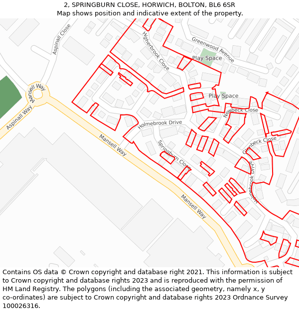 2, SPRINGBURN CLOSE, HORWICH, BOLTON, BL6 6SR: Location map and indicative extent of plot