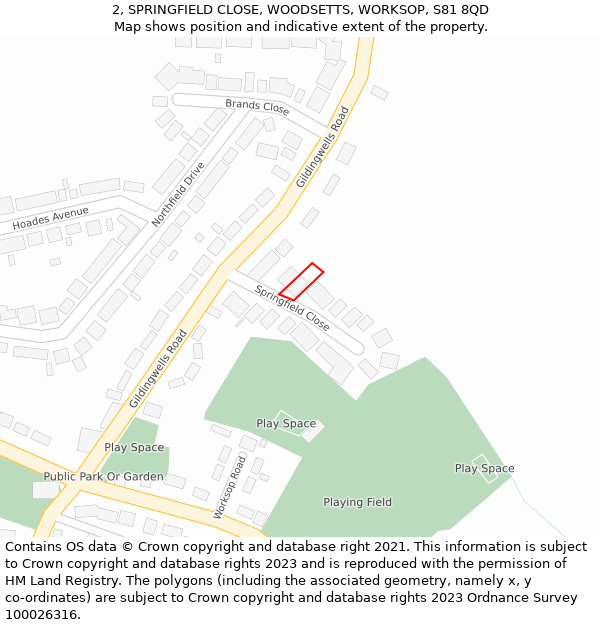 2, SPRINGFIELD CLOSE, WOODSETTS, WORKSOP, S81 8QD: Location map and indicative extent of plot