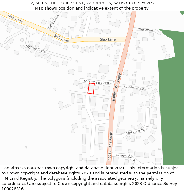 2, SPRINGFIELD CRESCENT, WOODFALLS, SALISBURY, SP5 2LS: Location map and indicative extent of plot