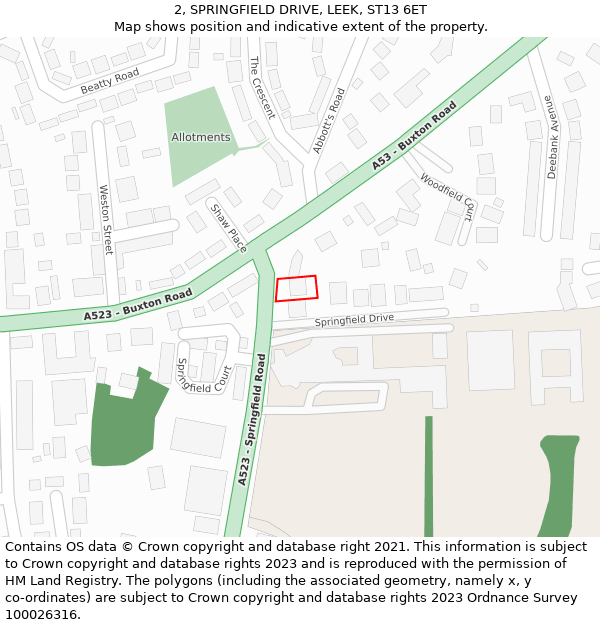 2, SPRINGFIELD DRIVE, LEEK, ST13 6ET: Location map and indicative extent of plot