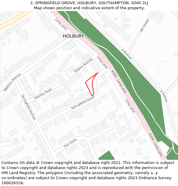 2, SPRINGFIELD GROVE, HOLBURY, SOUTHAMPTON, SO45 2LJ: Location map and indicative extent of plot