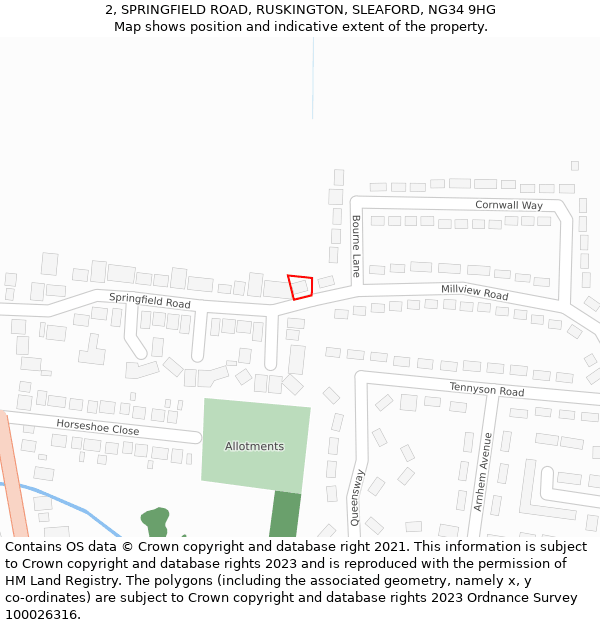 2, SPRINGFIELD ROAD, RUSKINGTON, SLEAFORD, NG34 9HG: Location map and indicative extent of plot