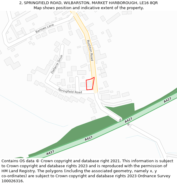 2, SPRINGFIELD ROAD, WILBARSTON, MARKET HARBOROUGH, LE16 8QR: Location map and indicative extent of plot