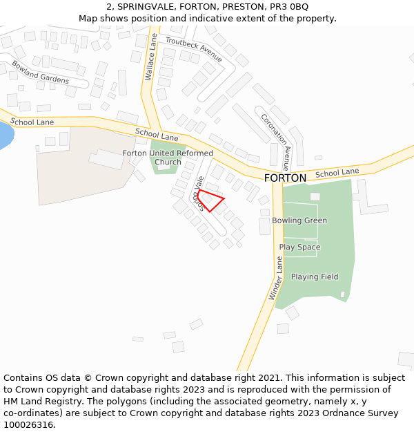 2, SPRINGVALE, FORTON, PRESTON, PR3 0BQ: Location map and indicative extent of plot