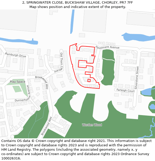 2, SPRINGWATER CLOSE, BUCKSHAW VILLAGE, CHORLEY, PR7 7FF: Location map and indicative extent of plot