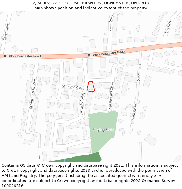 2, SPRINGWOOD CLOSE, BRANTON, DONCASTER, DN3 3UD: Location map and indicative extent of plot