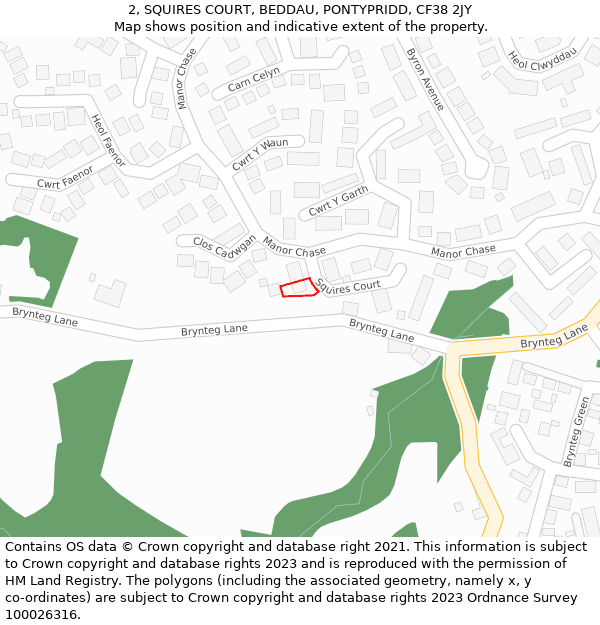 2, SQUIRES COURT, BEDDAU, PONTYPRIDD, CF38 2JY: Location map and indicative extent of plot