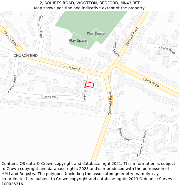 2, SQUIRES ROAD, WOOTTON, BEDFORD, MK43 9ET: Location map and indicative extent of plot