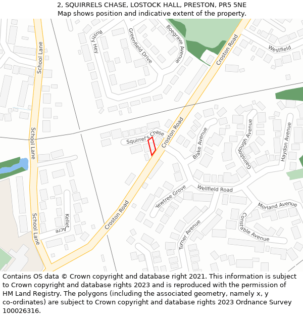 2, SQUIRRELS CHASE, LOSTOCK HALL, PRESTON, PR5 5NE: Location map and indicative extent of plot