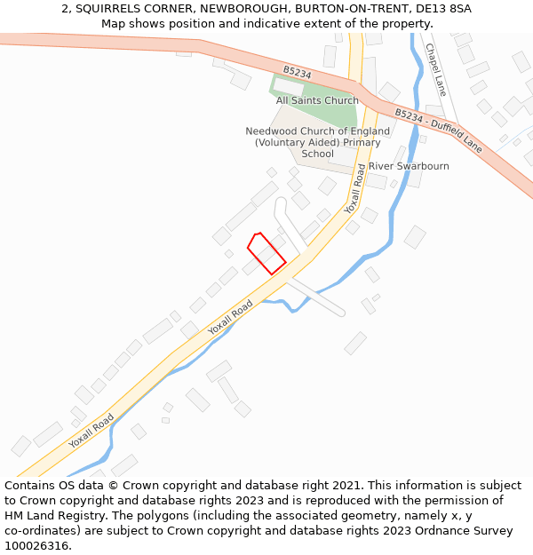 2, SQUIRRELS CORNER, NEWBOROUGH, BURTON-ON-TRENT, DE13 8SA: Location map and indicative extent of plot