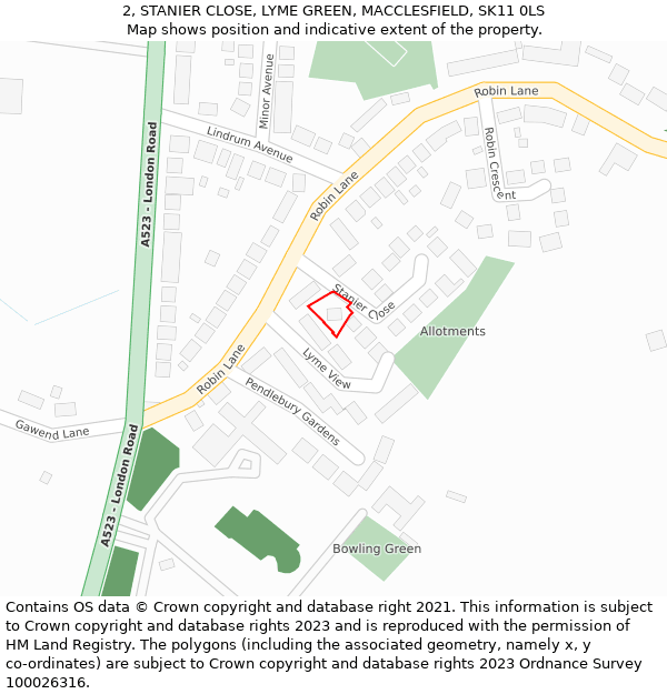 2, STANIER CLOSE, LYME GREEN, MACCLESFIELD, SK11 0LS: Location map and indicative extent of plot
