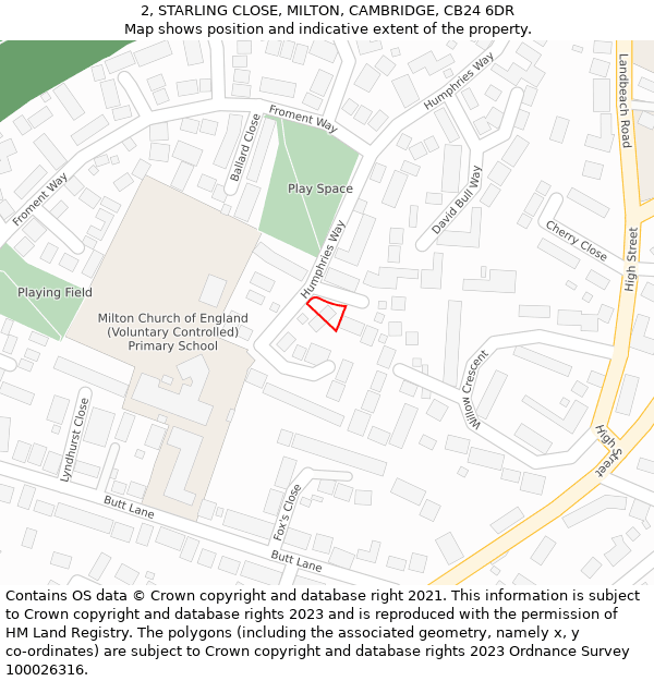 2, STARLING CLOSE, MILTON, CAMBRIDGE, CB24 6DR: Location map and indicative extent of plot
