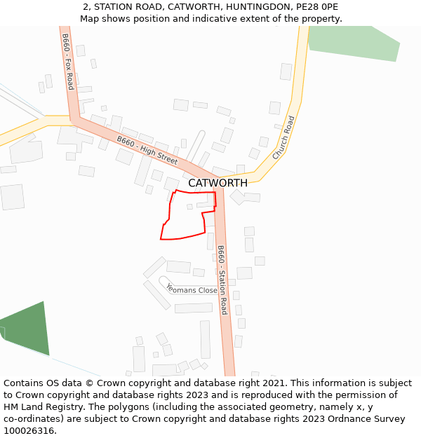 2, STATION ROAD, CATWORTH, HUNTINGDON, PE28 0PE: Location map and indicative extent of plot