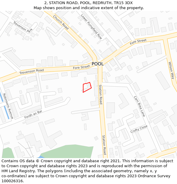 2, STATION ROAD, POOL, REDRUTH, TR15 3DX: Location map and indicative extent of plot