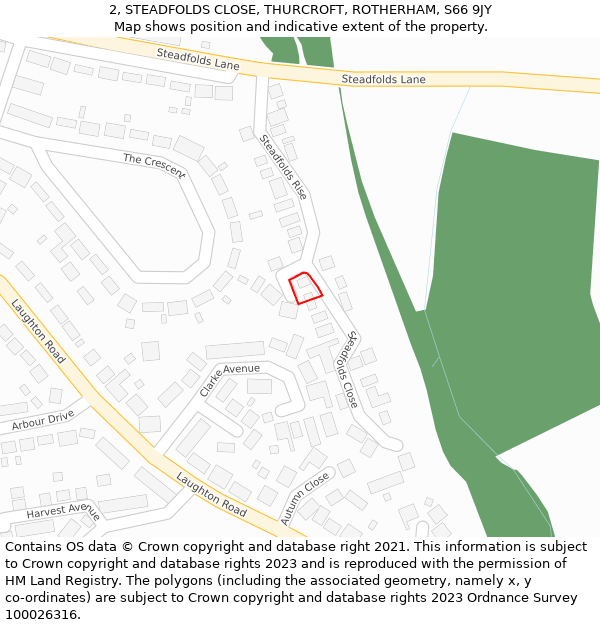 2, STEADFOLDS CLOSE, THURCROFT, ROTHERHAM, S66 9JY: Location map and indicative extent of plot