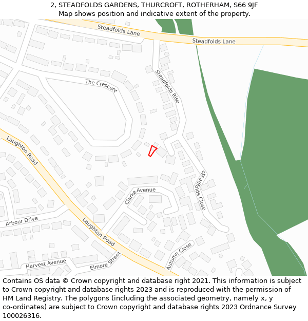 2, STEADFOLDS GARDENS, THURCROFT, ROTHERHAM, S66 9JF: Location map and indicative extent of plot