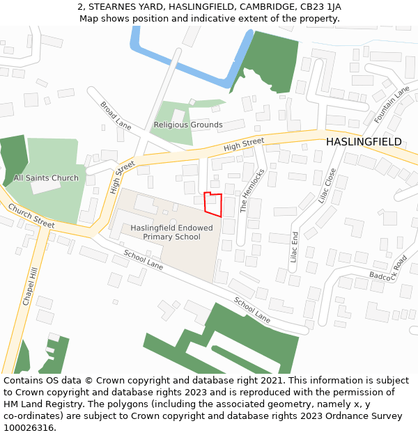 2, STEARNES YARD, HASLINGFIELD, CAMBRIDGE, CB23 1JA: Location map and indicative extent of plot