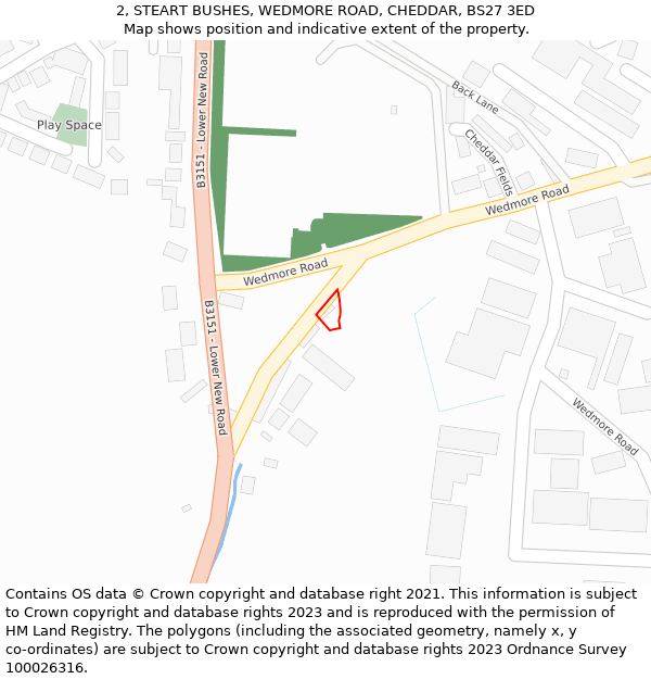 2, STEART BUSHES, WEDMORE ROAD, CHEDDAR, BS27 3ED: Location map and indicative extent of plot