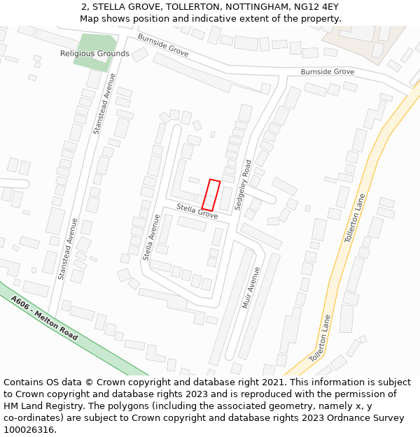 2, STELLA GROVE, TOLLERTON, NOTTINGHAM, NG12 4EY: Location map and indicative extent of plot