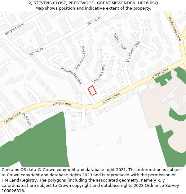 2, STEVENS CLOSE, PRESTWOOD, GREAT MISSENDEN, HP16 0SQ: Location map and indicative extent of plot
