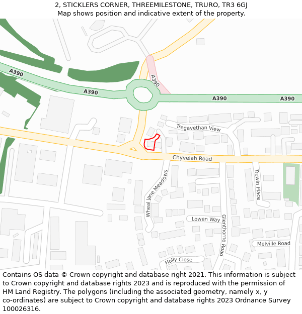 2, STICKLERS CORNER, THREEMILESTONE, TRURO, TR3 6GJ: Location map and indicative extent of plot