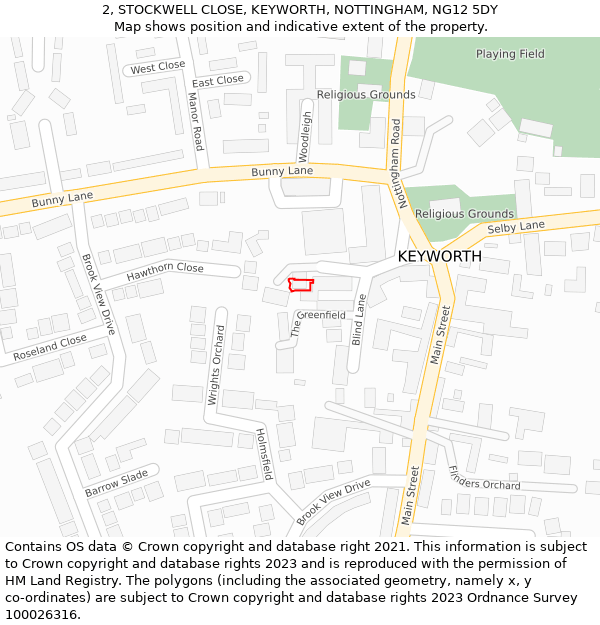 2, STOCKWELL CLOSE, KEYWORTH, NOTTINGHAM, NG12 5DY: Location map and indicative extent of plot